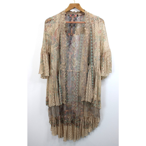 Origami by Vivien Duster Cover Size L Chiffon Sheer Embroidered Boho Tiered - Picture 7 of 10